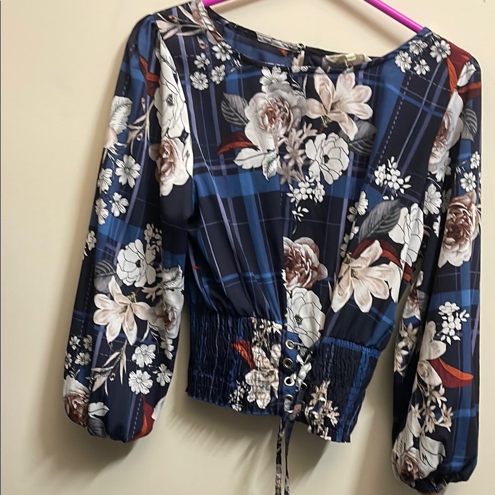 Indulge Blue and White Fitted Tie Front Blouse